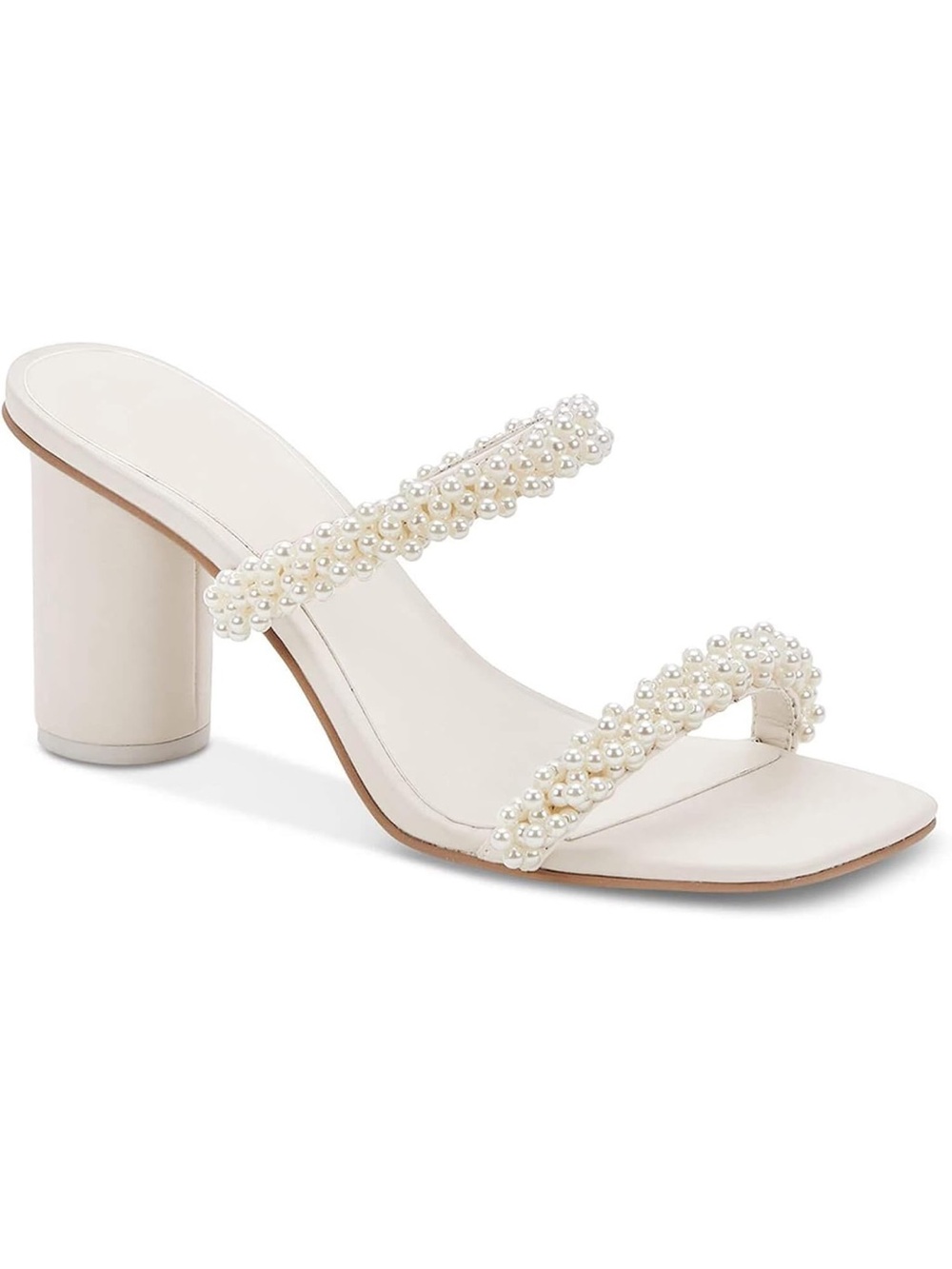 NWT Chunky Heeled Sandals Pearl Strappy Open Square Toe Slip-on